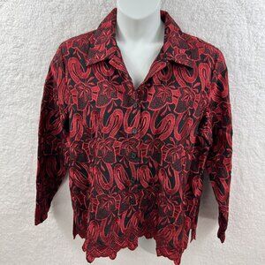 Drapers & Damons Women 1X Black Red Floral Scalloped Hem Embroidered Blouse Boho
